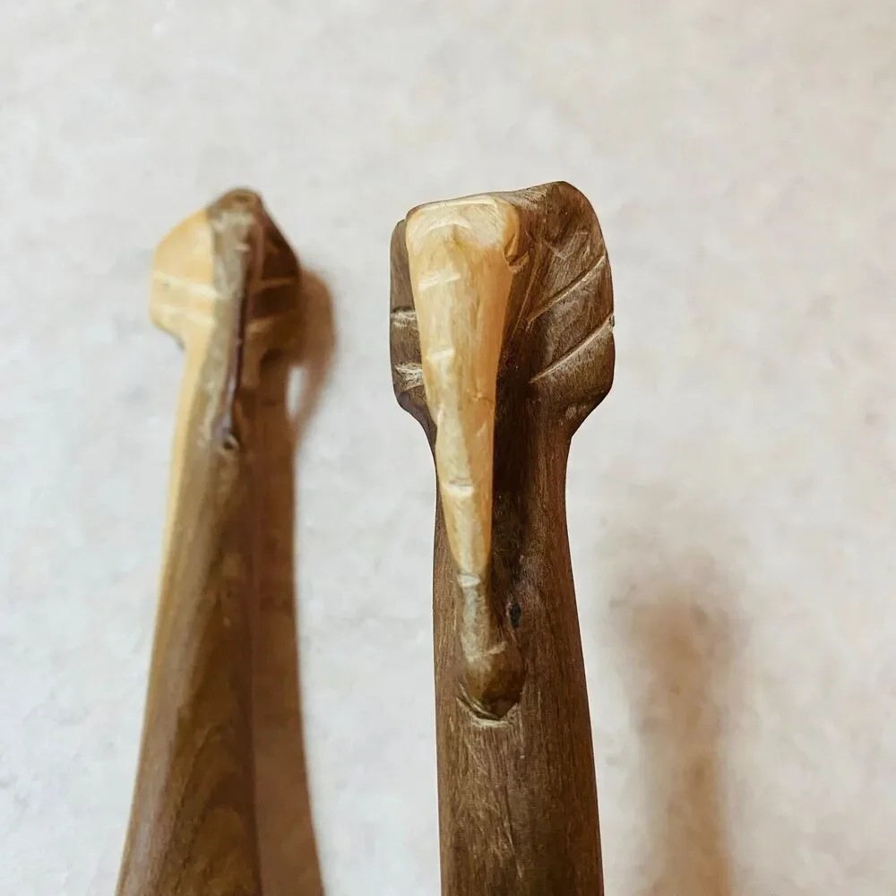 Vintage Hand-Carved Wooden Elephant Salad Spoon and Fork‎ Serving Set